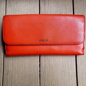 EUC FOSSIL leather billfold /carry-all in one blazing tangy orange (OS)